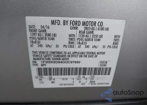 2016 Ford Explorer Xlt из США, поврежденный, VIN 1FM5K8D84GGC97950